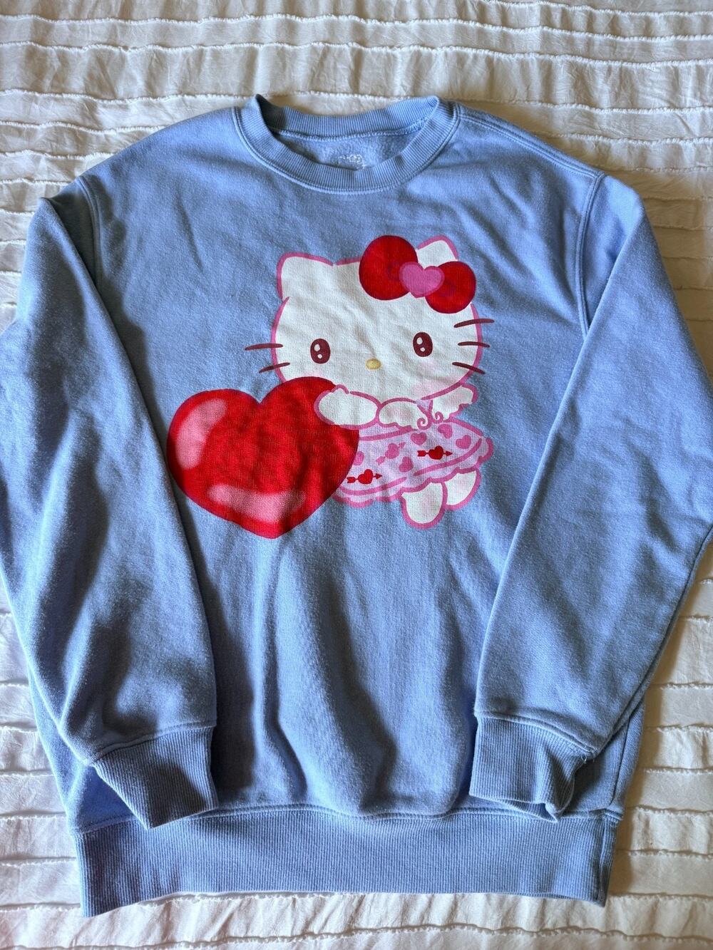 Hello Kitty Sanrio Valentine Sweatshirt XS Blue Heart Front Back Graphic 2024